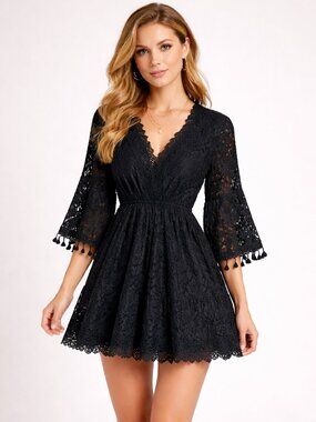 Black Lace V-Neck Mini Dress Bell Sleeve Boho Fit & Flare Made in Italy